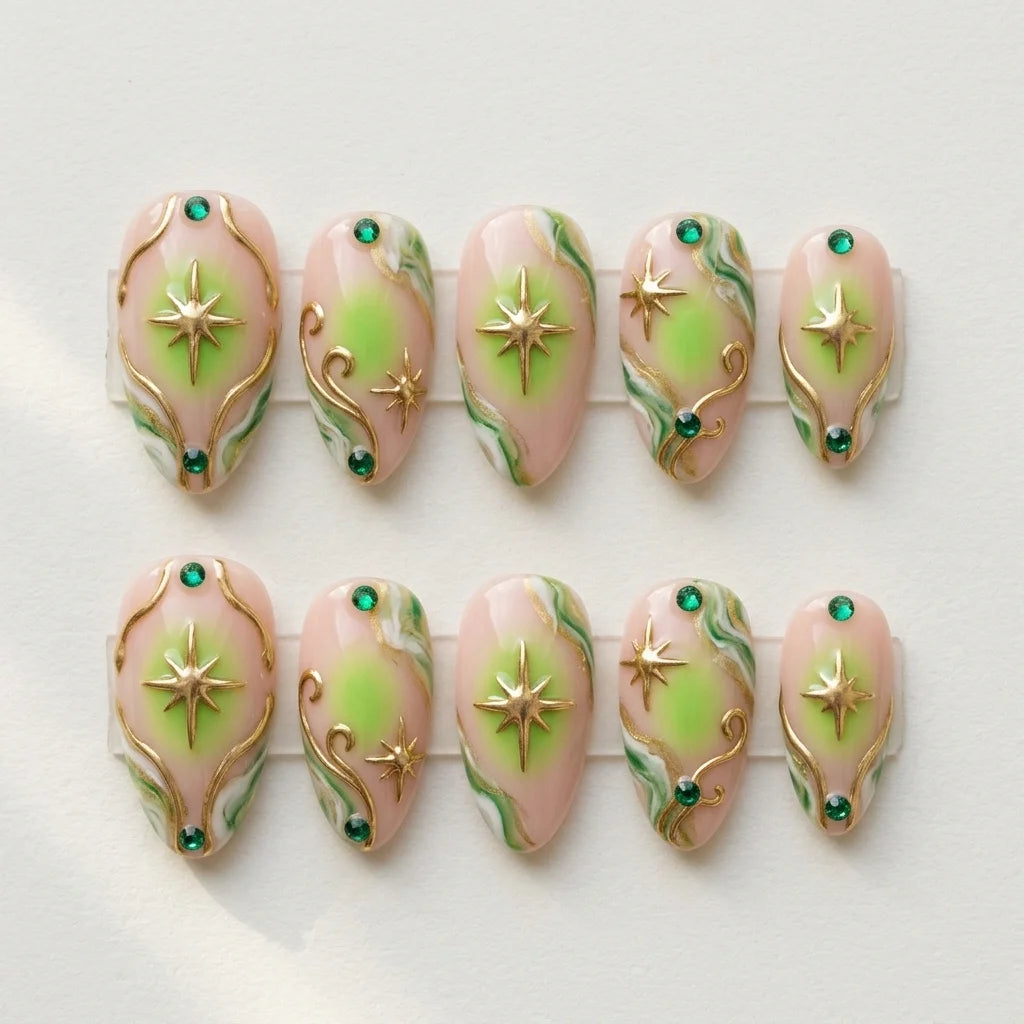 lime green peach nude 3d aura almond press on nails star gemstone flat lay 04