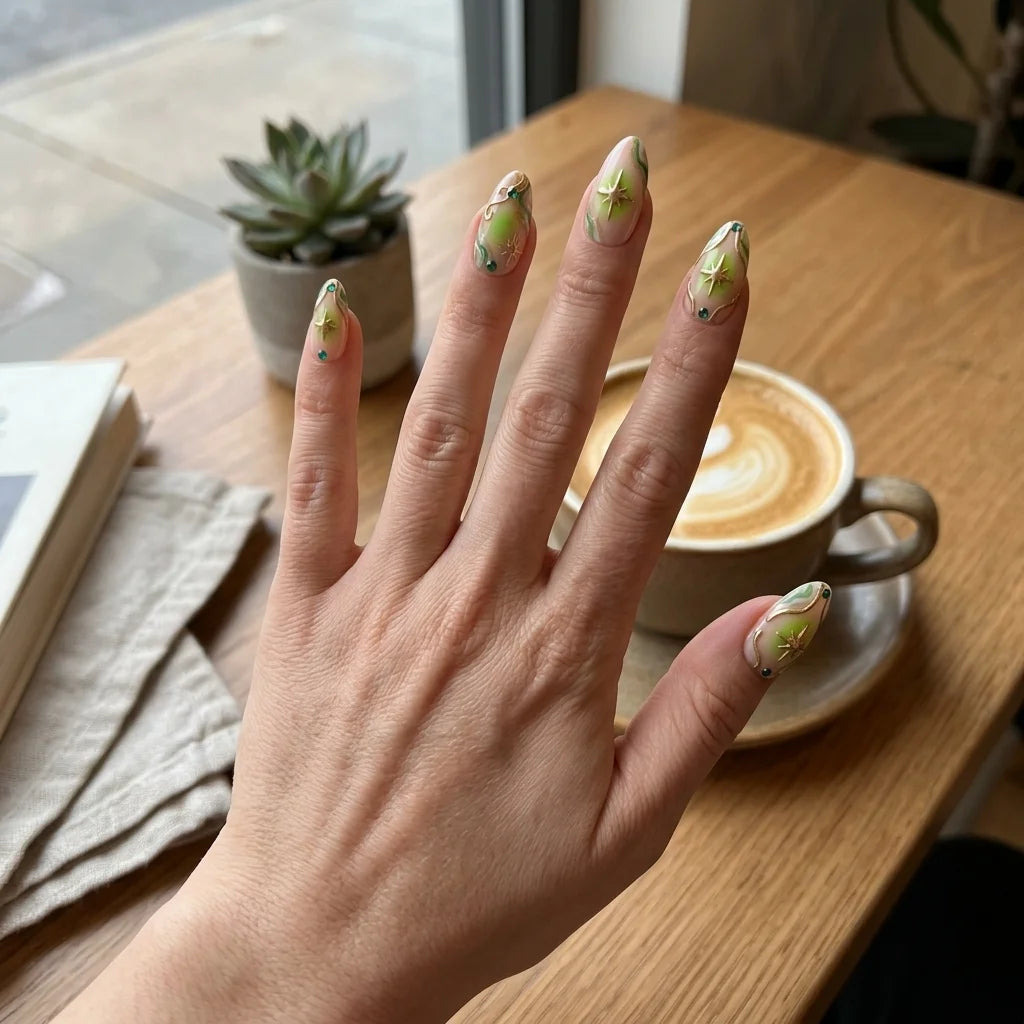 lime green peach nude 3d aura almond press on nails star gemstone lifestyle 02