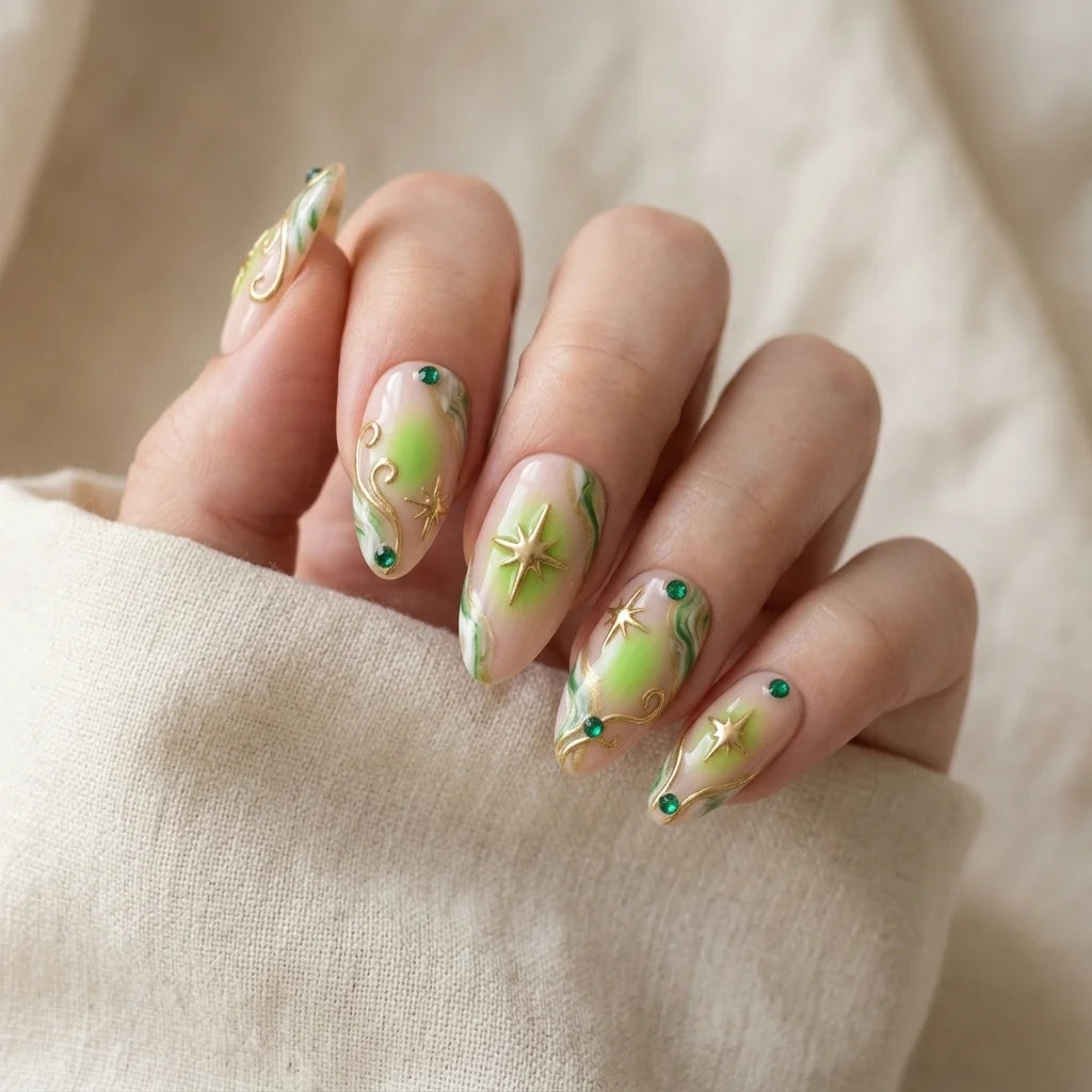 lime green peach nude 3d aura almond press on nails star gemstone mockup 01