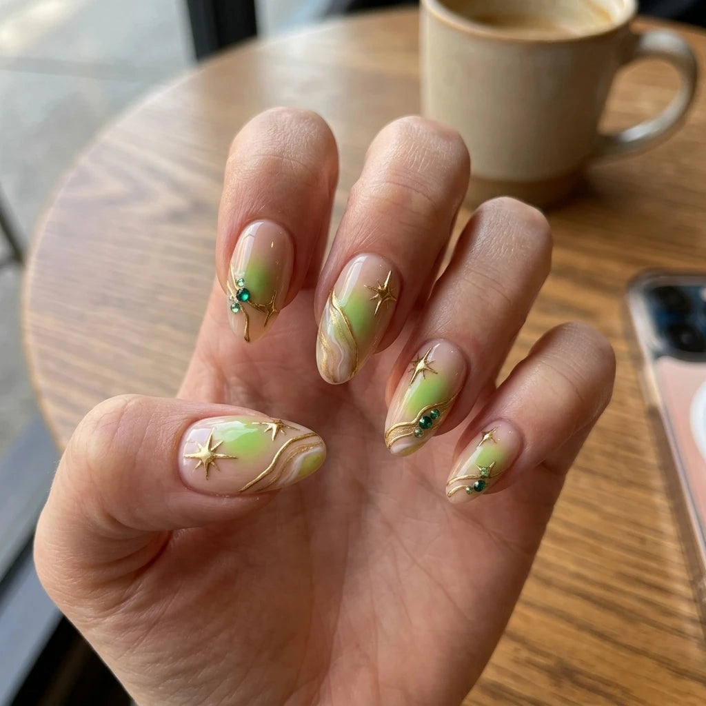lime green peach nude 3d aura almond press on nails star rhinestone detail 03