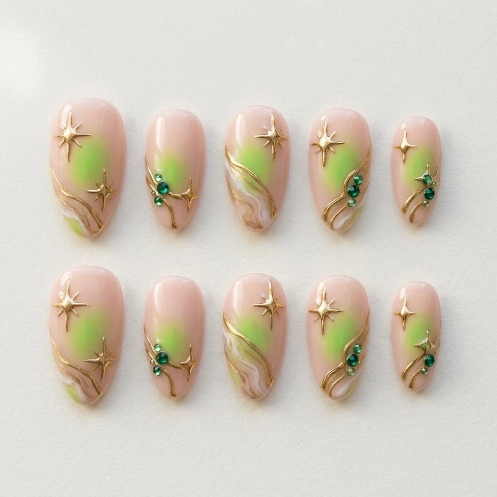 lime green peach nude 3d aura almond press on nails star rhinestone flat lay 04