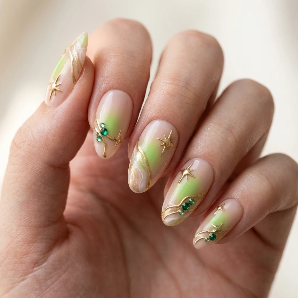 lime green peach nude 3d aura almond press on nails star rhinestone lifestyle 02