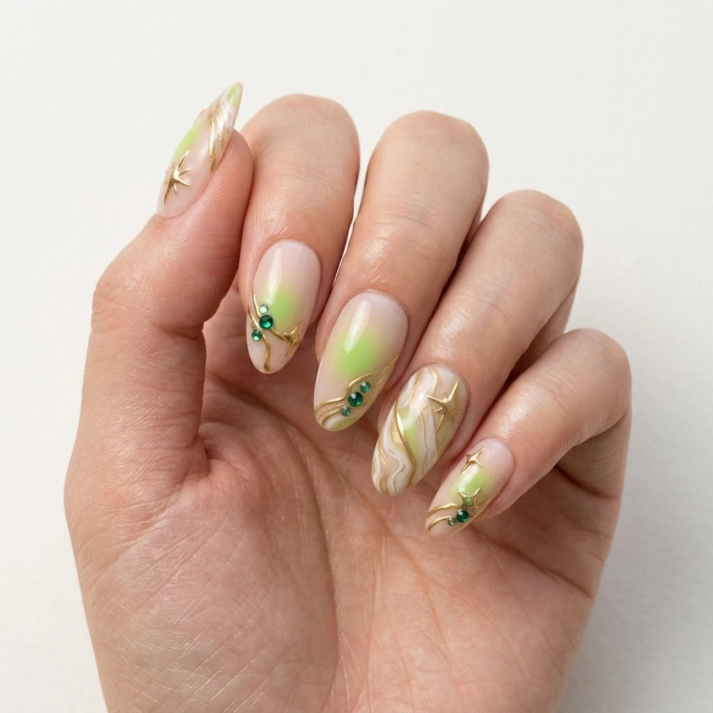 lime green peach nude 3d aura almond press on nails star rhinestone mockup 01