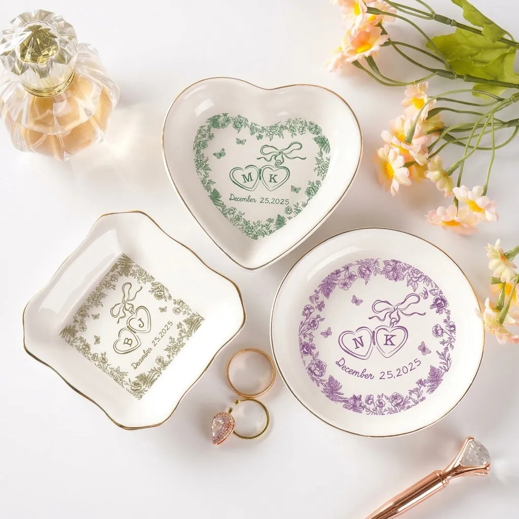 Size chart for personalized locked-hearts floral engagement ring dish