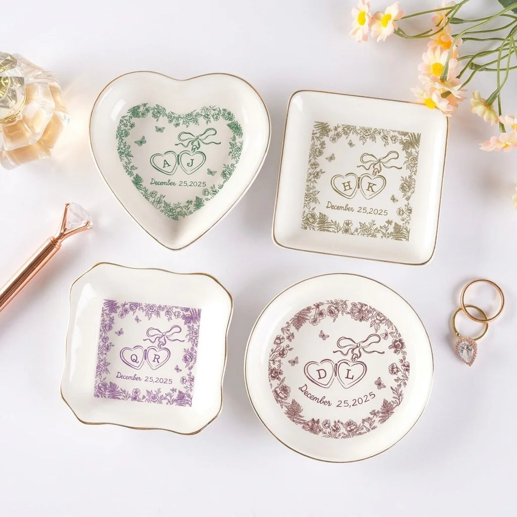 Blue and sage locked-hearts personalized engagement ring dish variants