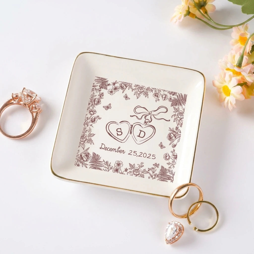 Locked-hearts floral engagement ring dish with gold rim on pink floral backdrop