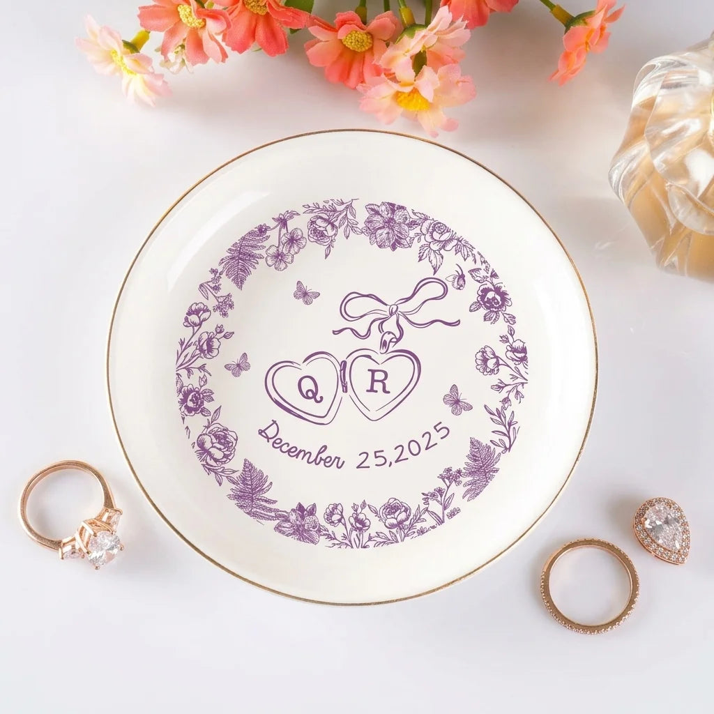 Personalized locked-hearts ring dish with gold pen and crystal ring
