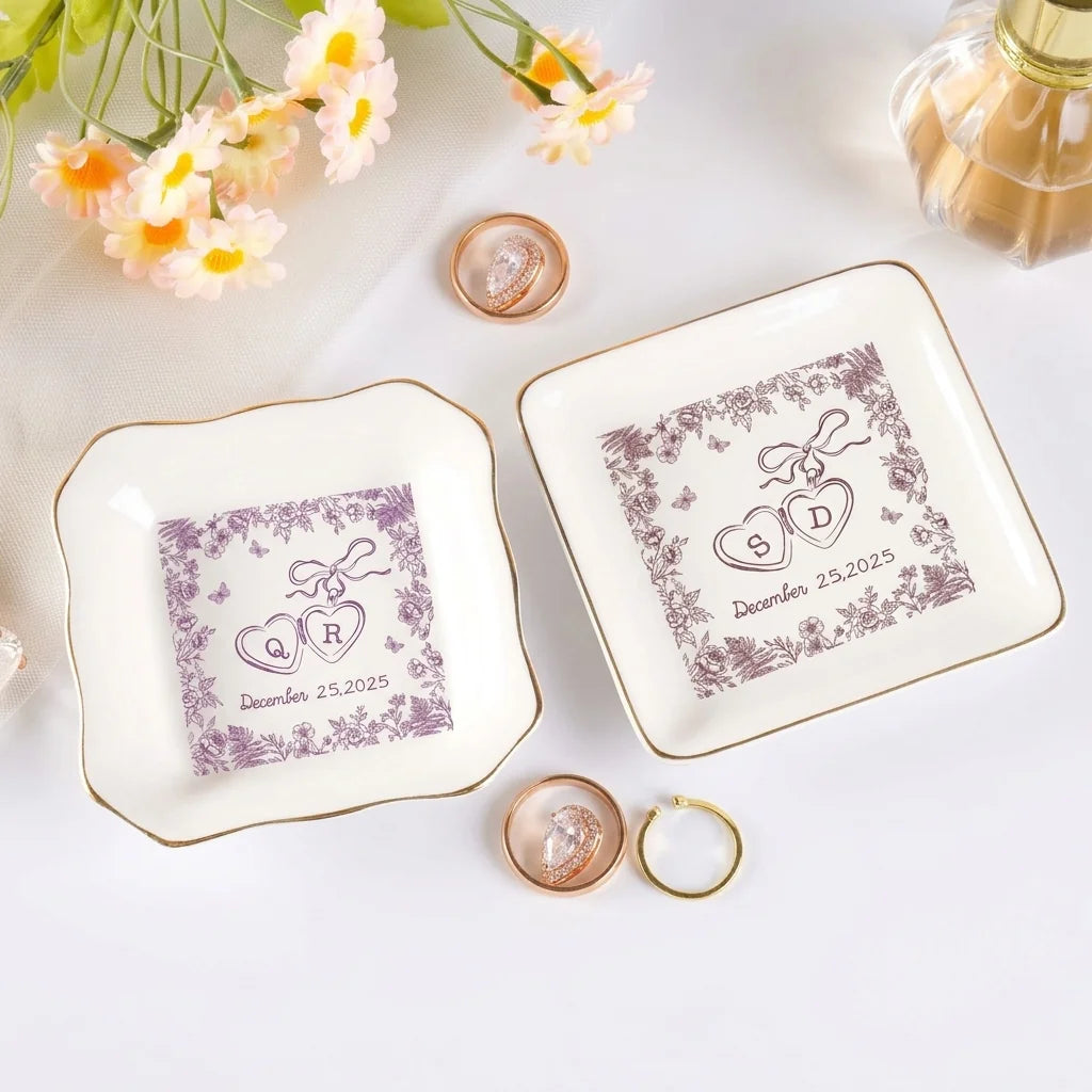 Multi-color locked-hearts floral ring dish green and gold variant set