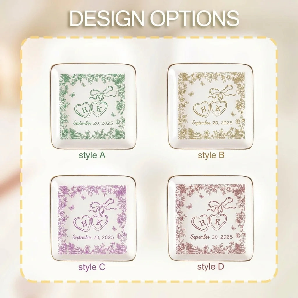 Close-up of locked-hearts initials and date on floral engagement ring dish