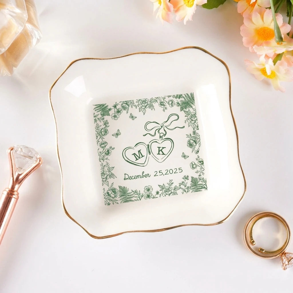 Personalized locked-hearts engagement ring dish in gift packaging