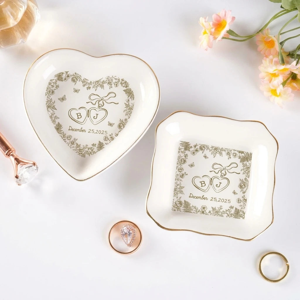 Personalized locked-hearts ring dish styled for engagement gift