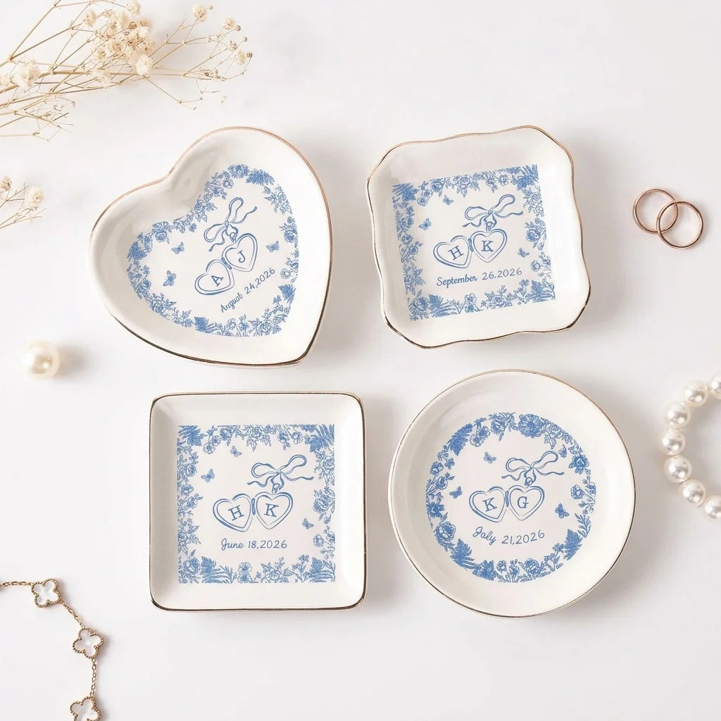 Personalized locked-hearts wedding ring dish in gift packaging