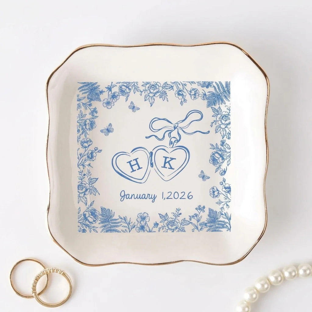 Three personalized locked-hearts ring dishes in blue toile with initials and wedding date