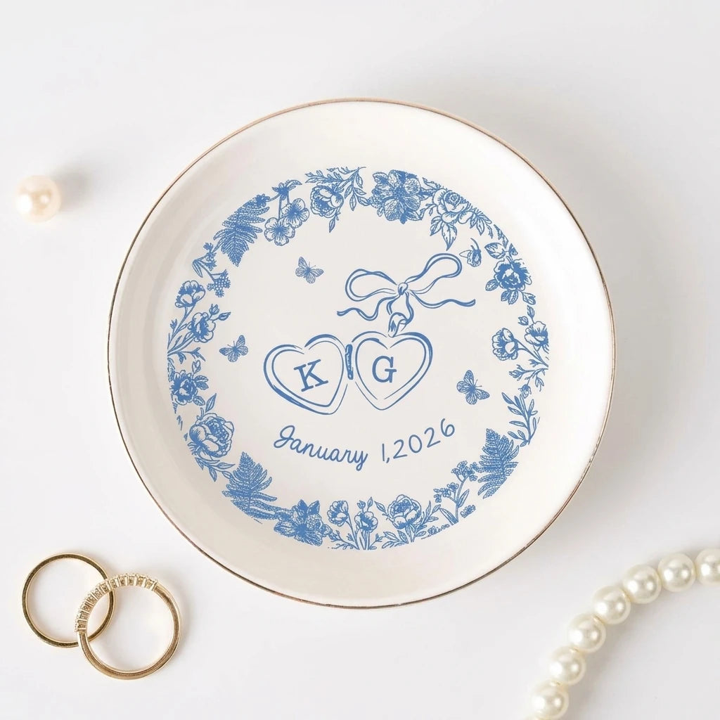 Personalized locked-hearts wedding ring dish with dried flowers and pearls