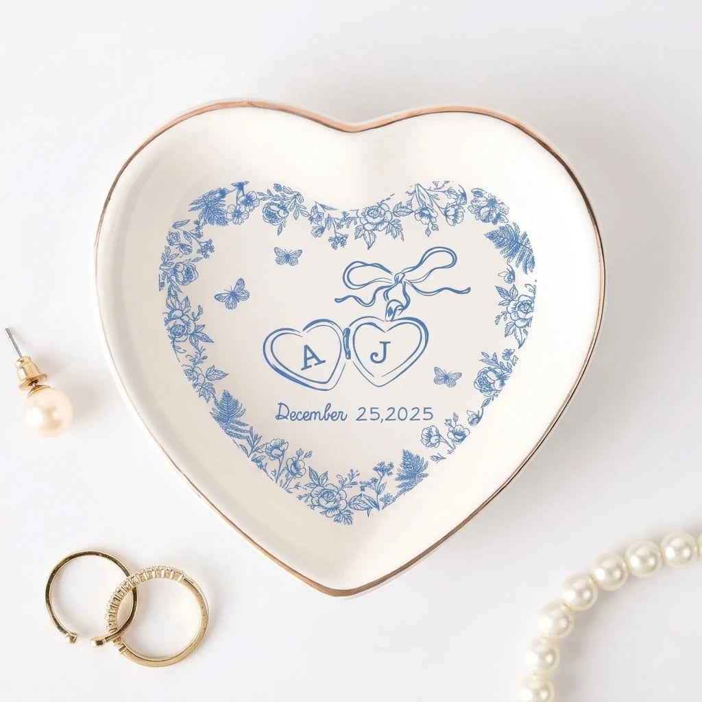 Size chart for locked-hearts toile personalized wedding ring dish