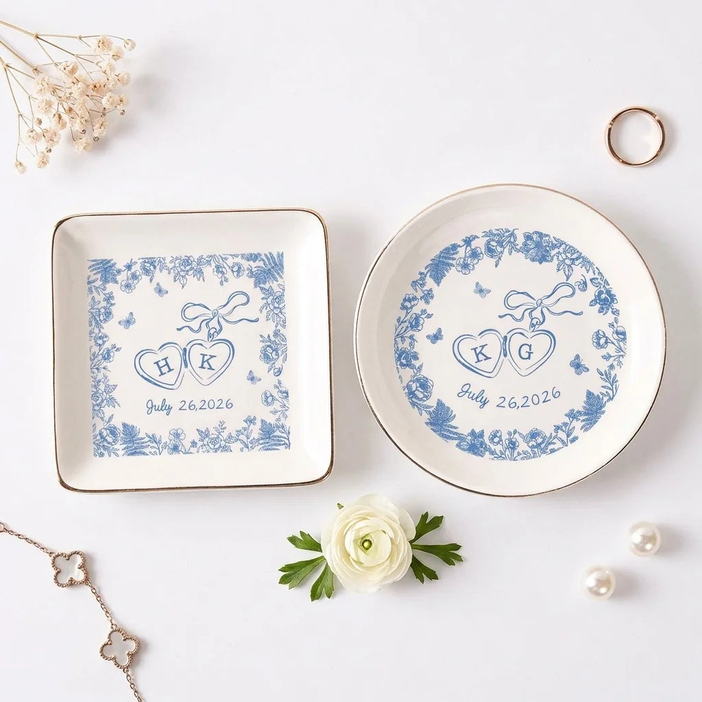 Color and shape options for locked-hearts toile wedding ring dish