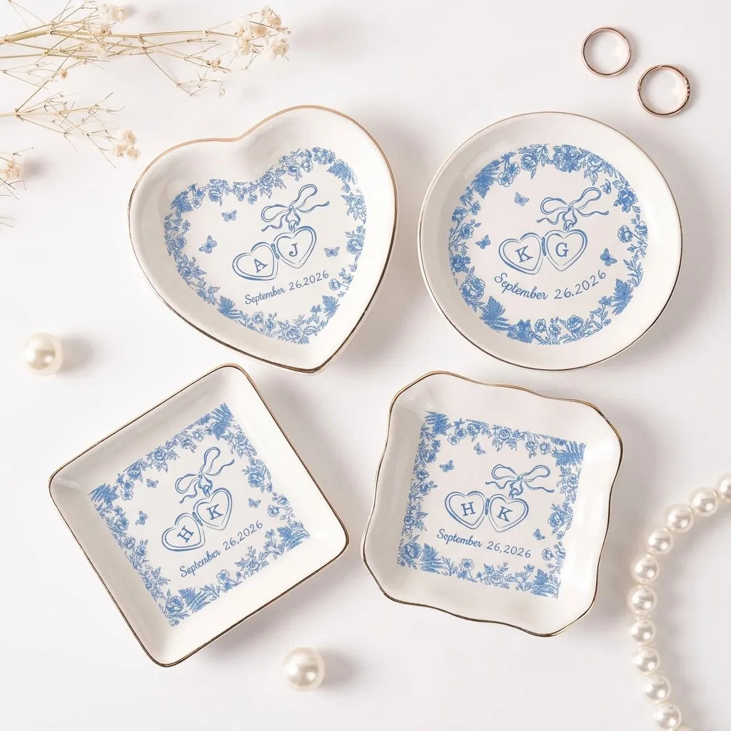 Personalized locked-hearts ring dish styled for wedding gift