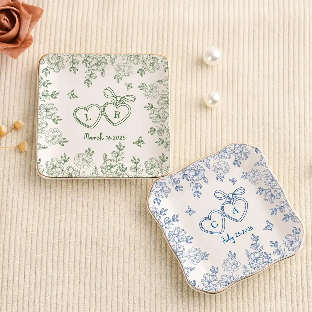 Toile de Jouy Ring Dish, Floral Jewelry Tray with Initials, Elegant Wedding Keepsake