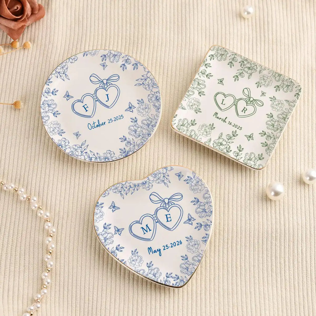 Toile de Jouy Ring Dish, Floral Jewelry Tray with Initials, Elegant Wedding Keepsake variant