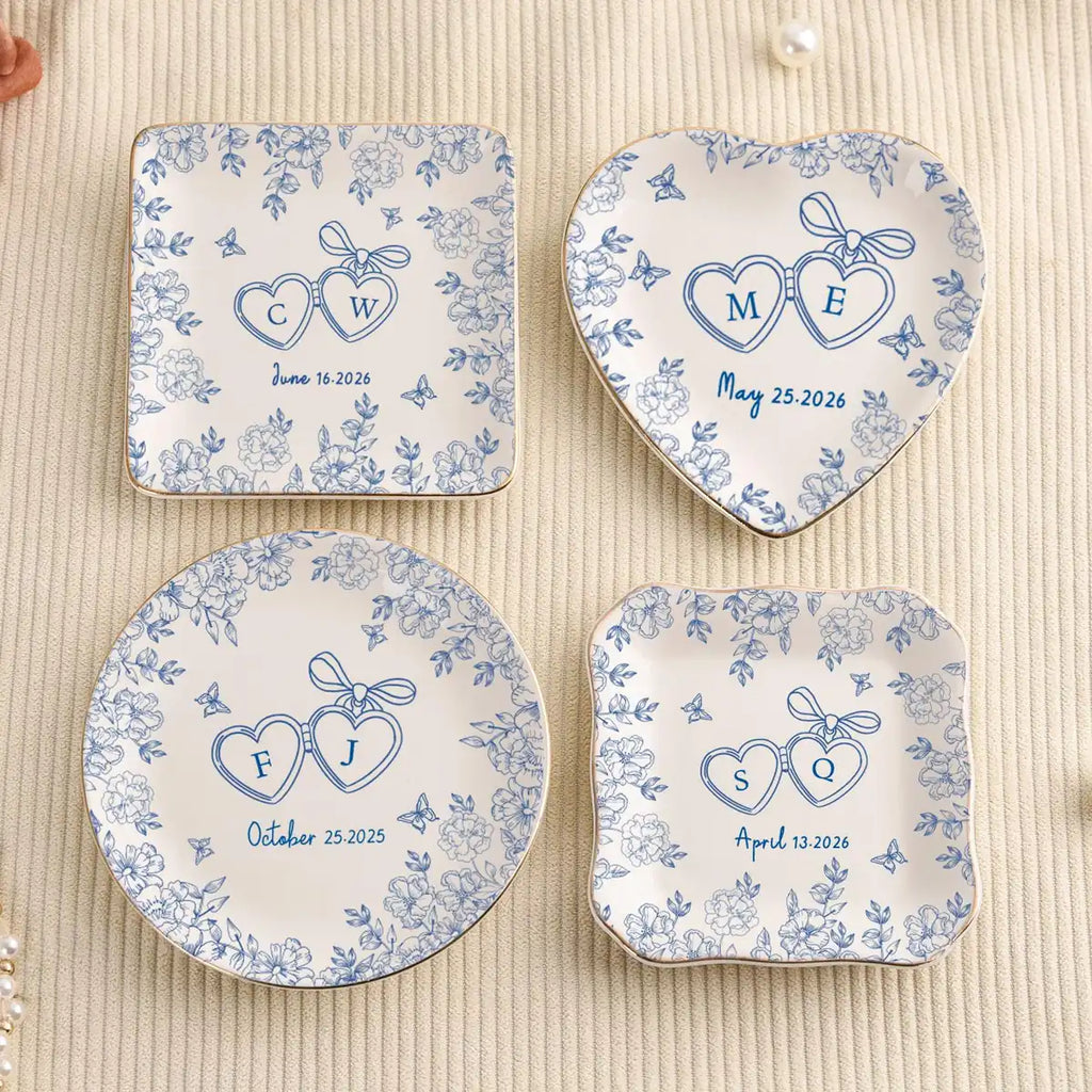 Toile de Jouy Ring Dish, Floral Jewelry Tray with Initials, Elegant Wedding Keepsake variant