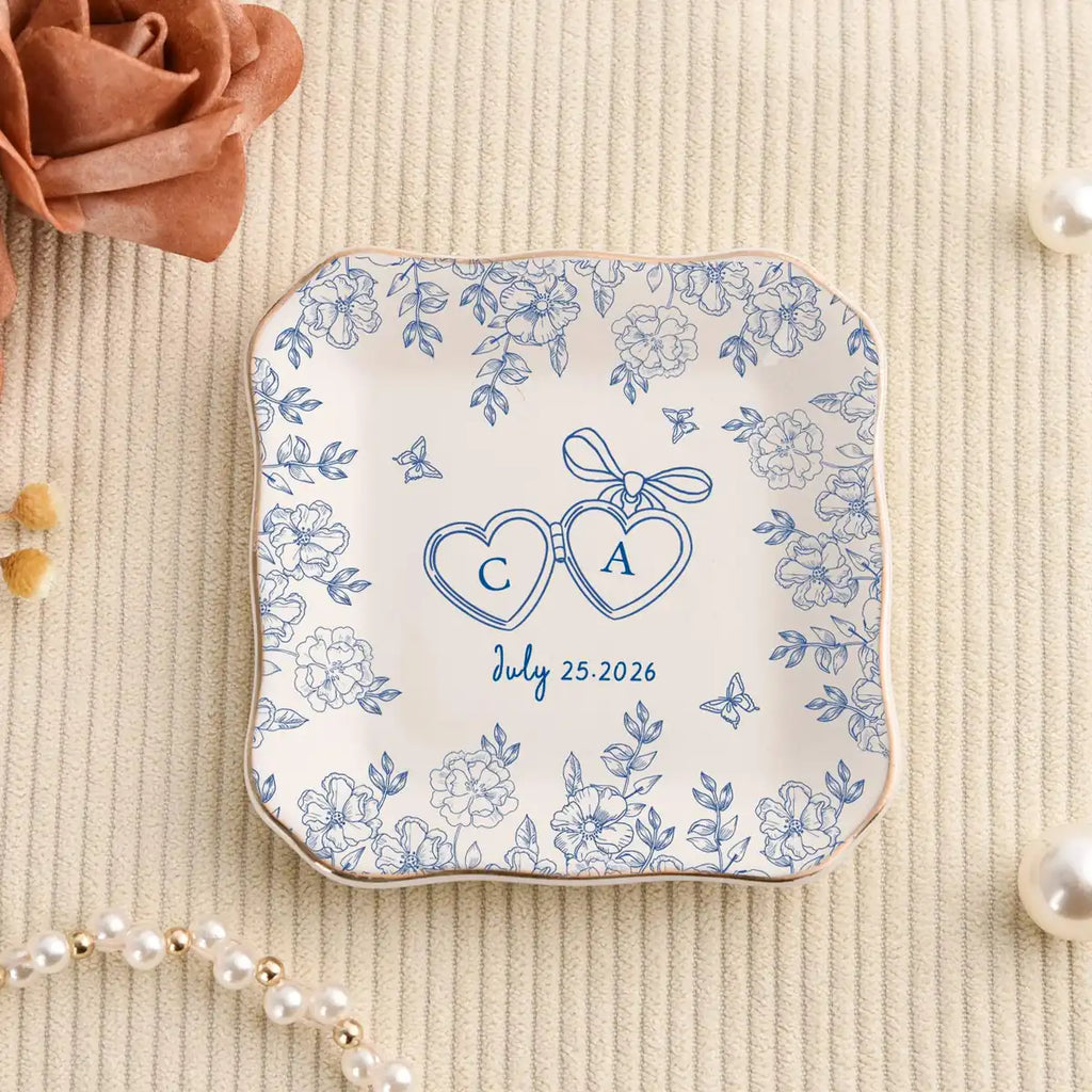 Toile de Jouy Ring Dish, Floral Jewelry Tray with Initials, Elegant Wedding Keepsake variant