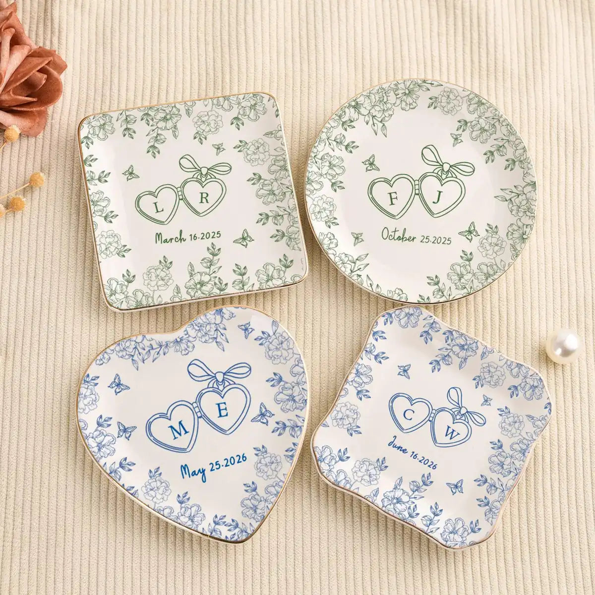 Toile de Jouy Ring Dish, Floral Jewelry Tray with Initials, Elegant Wedding Keepsake variant