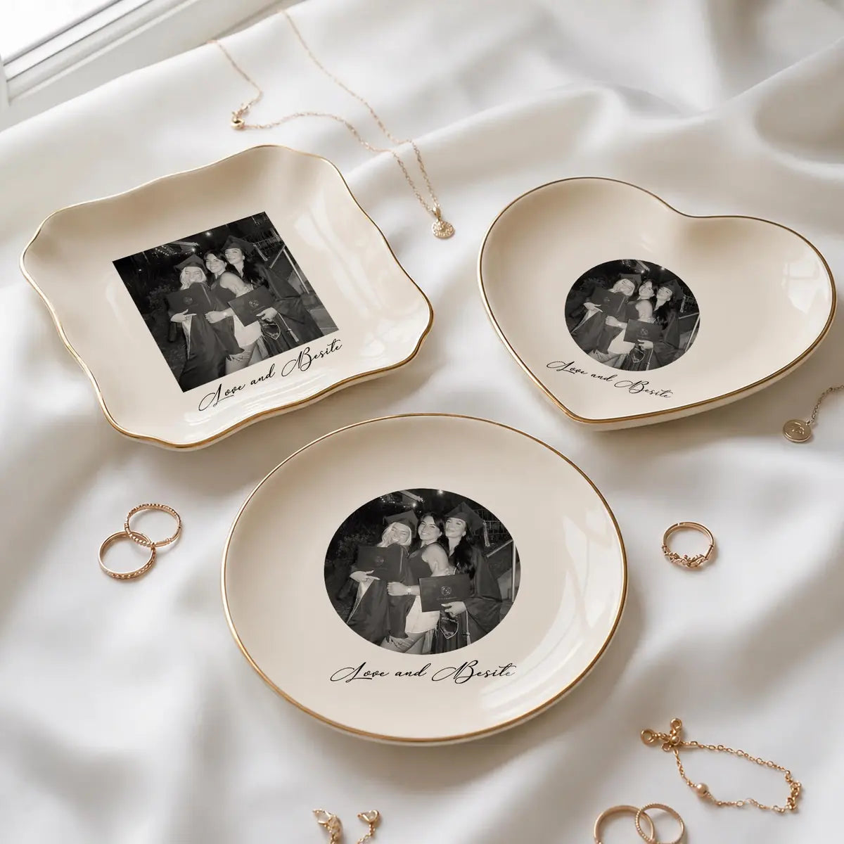 Personalized ceramic ring dish with custom photo and text for bestie, main front view