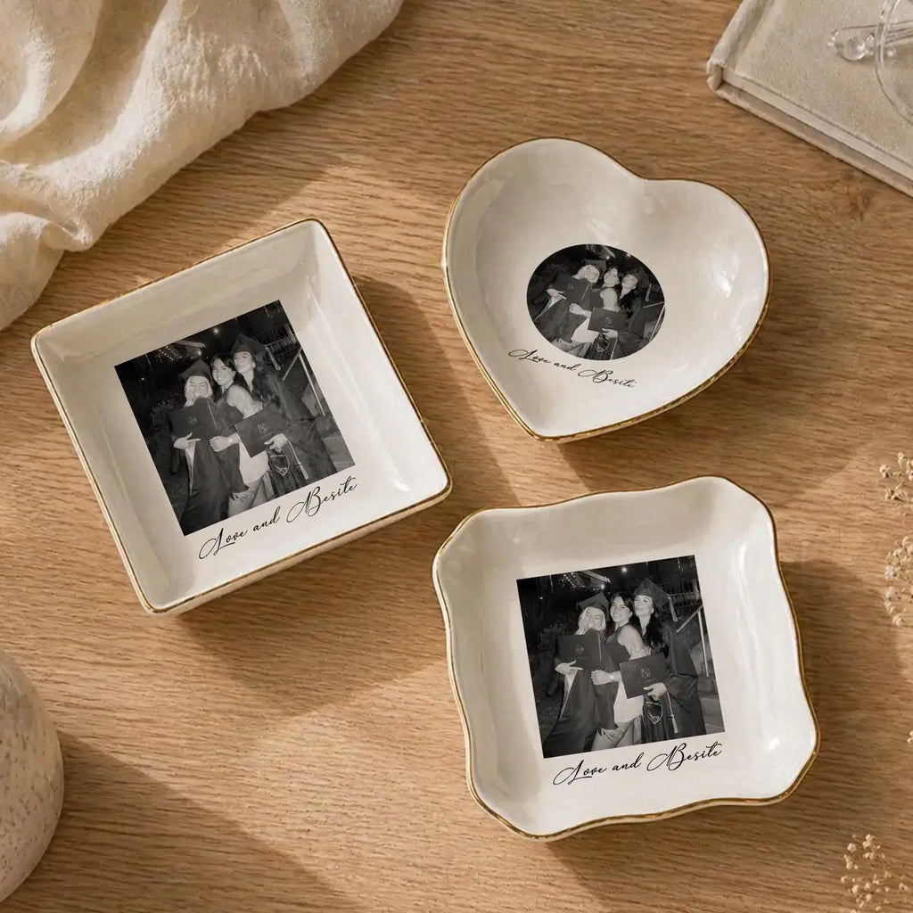 Custom photo bestie ring dish displayed elegantly on wooden bedroom nightstand