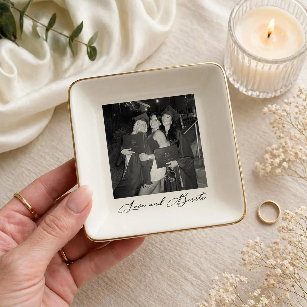 Custom photo bestie ring dish displayed elegantly on wooden bedroom nightstand