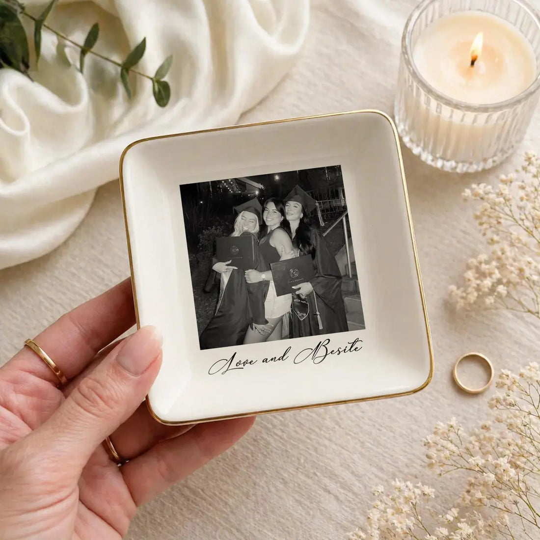 Custom photo bestie ring dish displayed elegantly on wooden bedroom nightstand