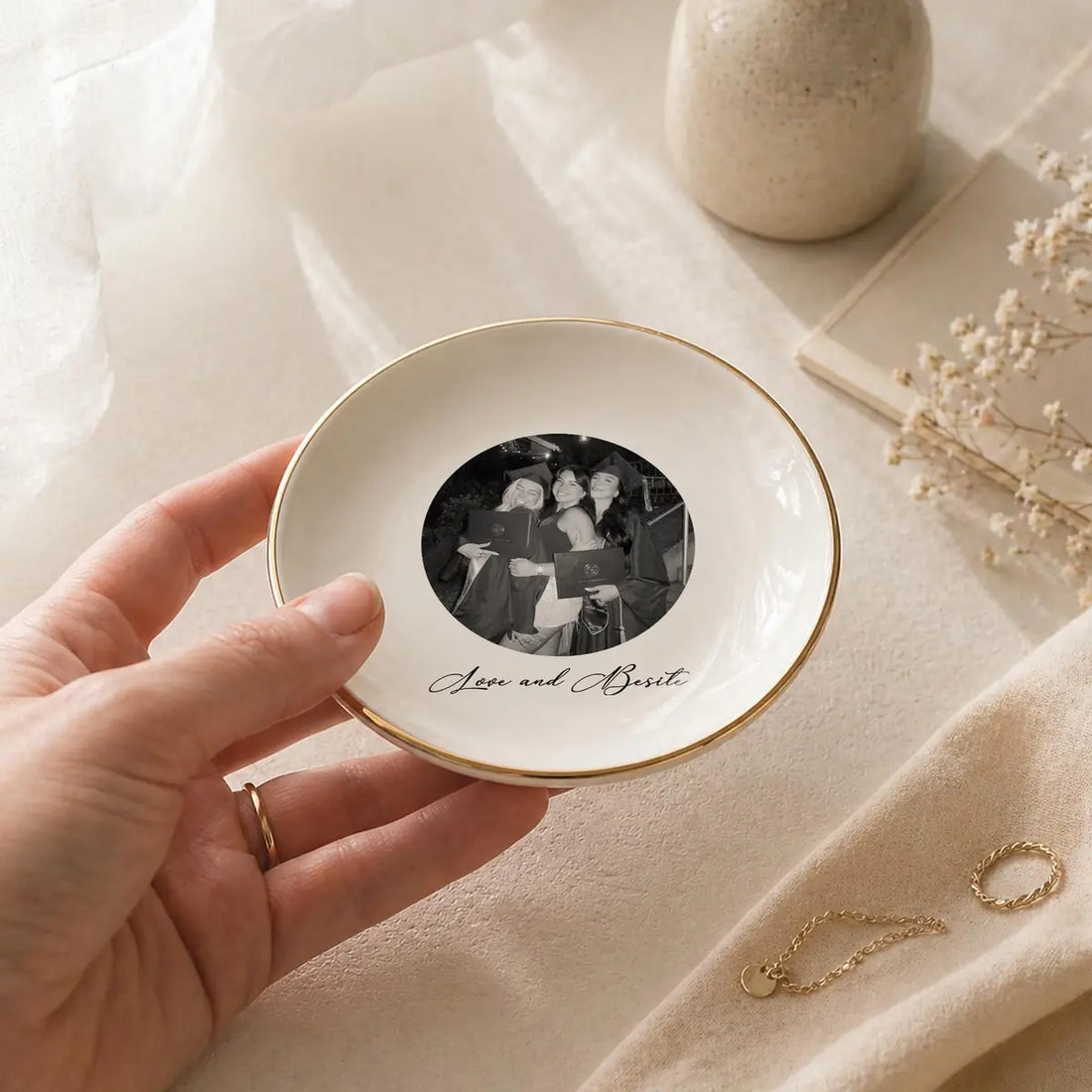 Custom photo bestie ring dish displayed elegantly on wooden bedroom nightstand