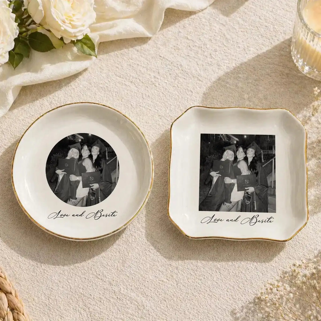 Custom photo bestie ring dish displayed elegantly on wooden bedroom nightstand
