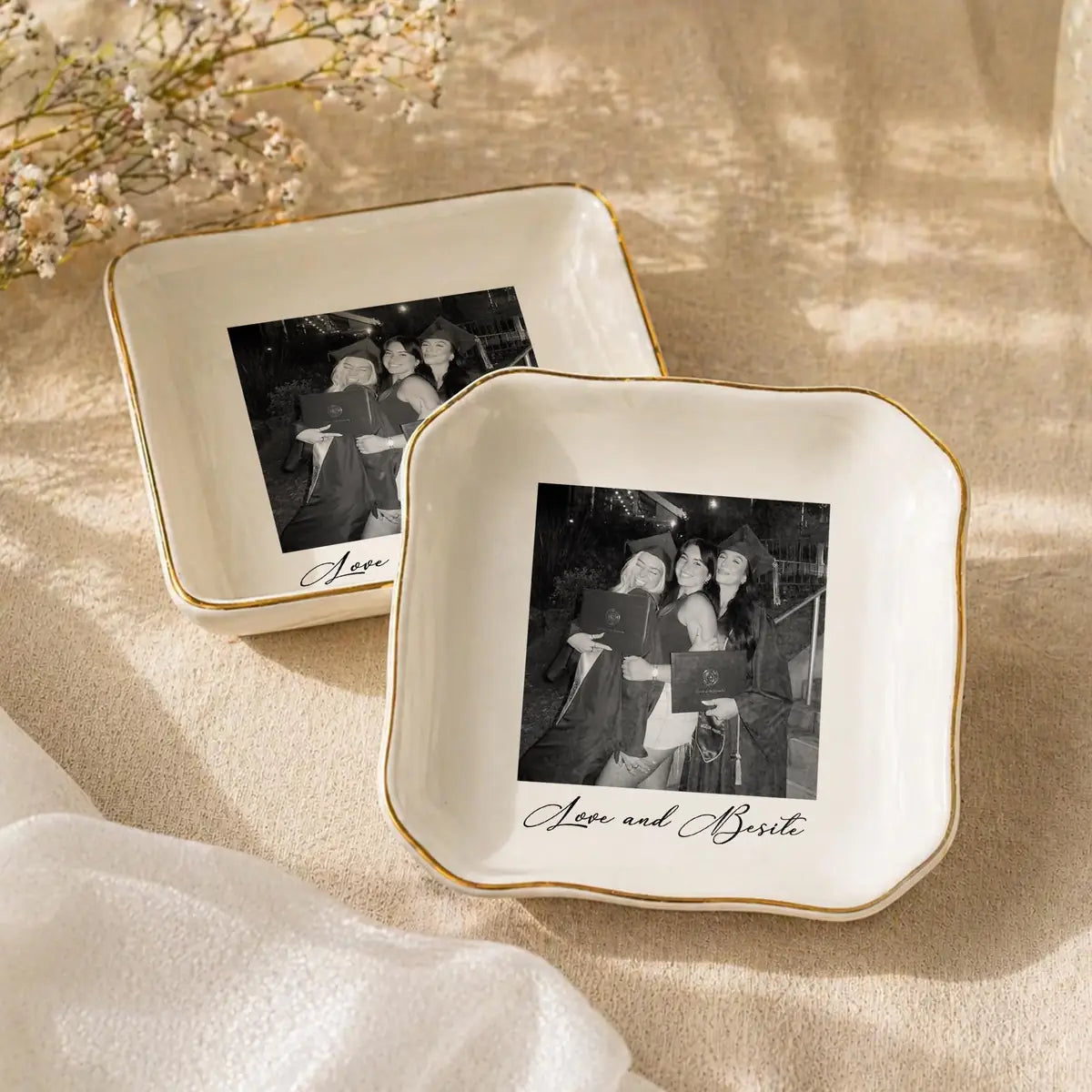 Custom photo bestie ring dish displayed elegantly on wooden bedroom nightstand