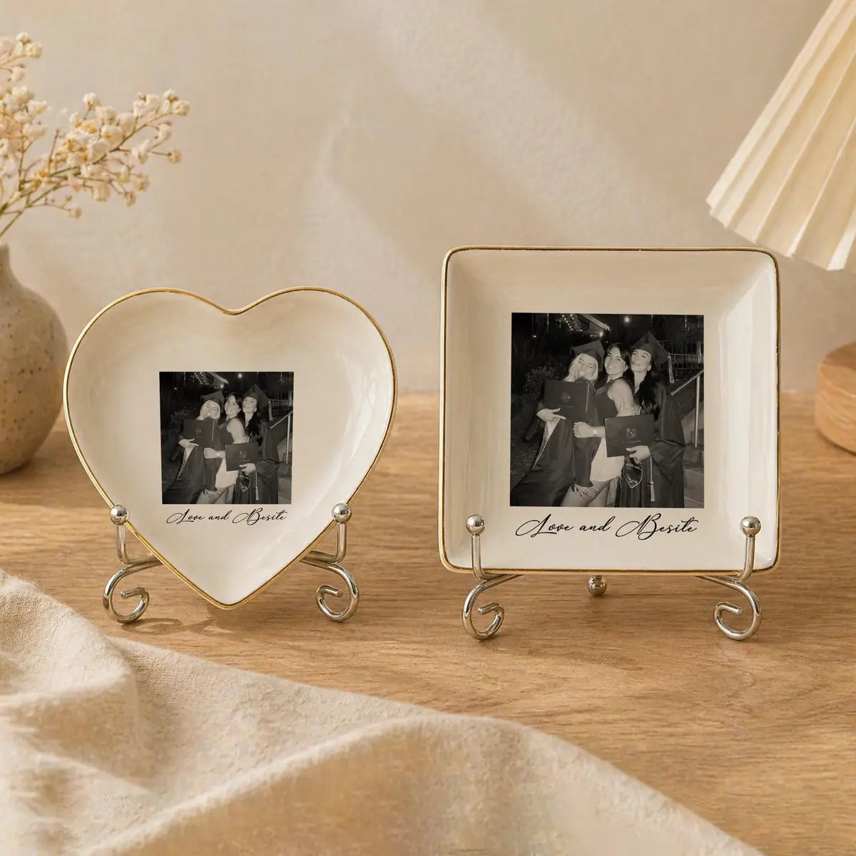Custom photo bestie ring dish displayed elegantly on wooden bedroom nightstand