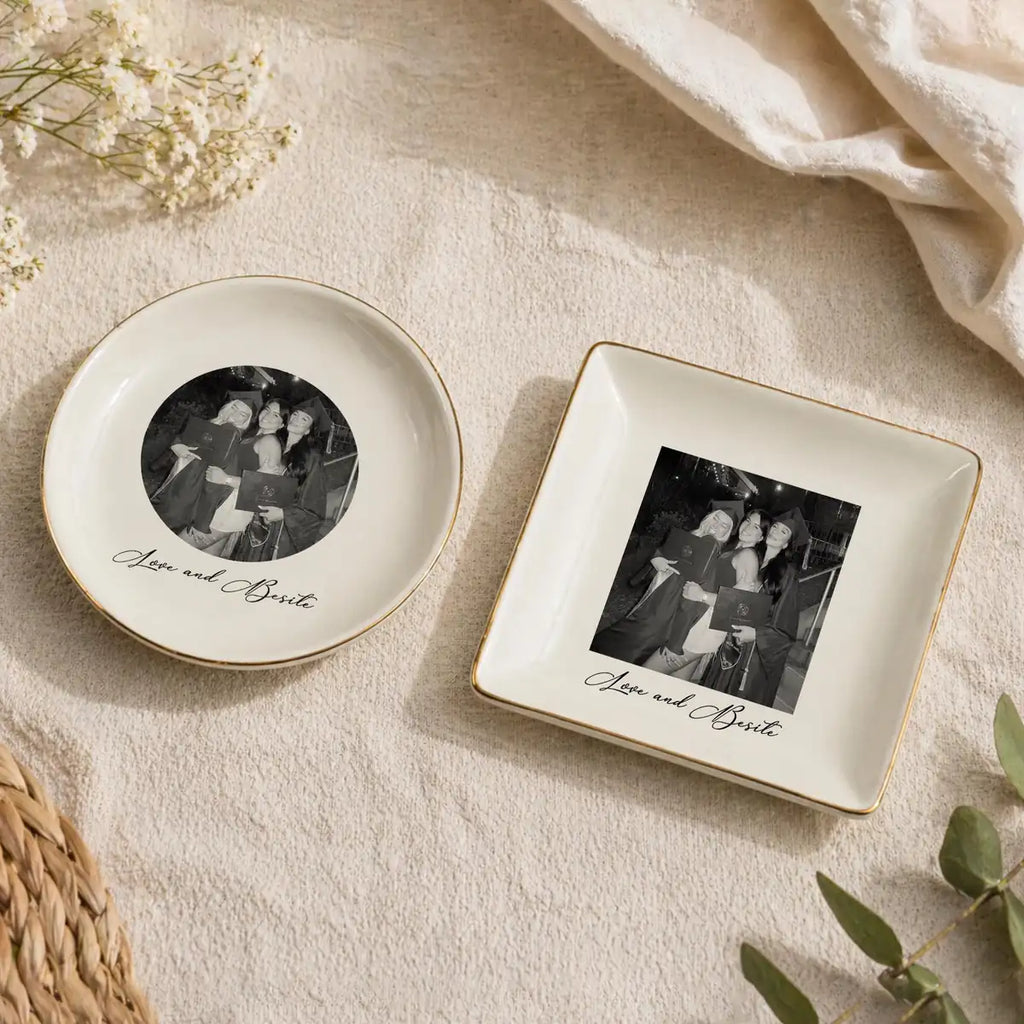 Custom photo bestie ring dish displayed elegantly on wooden bedroom nightstand
