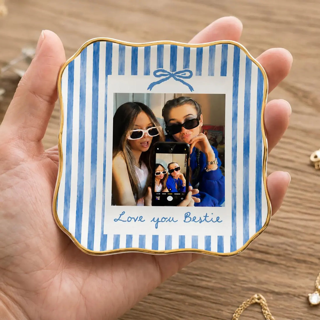 Custom photo bestie ring dish displayed elegantly on wooden bedroom nightstand