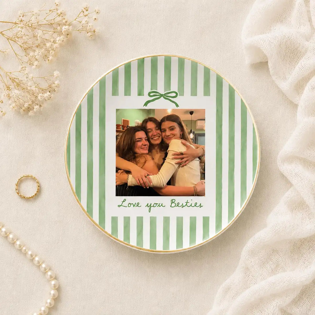 Custom photo bestie ring dish displayed elegantly on wooden bedroom nightstand