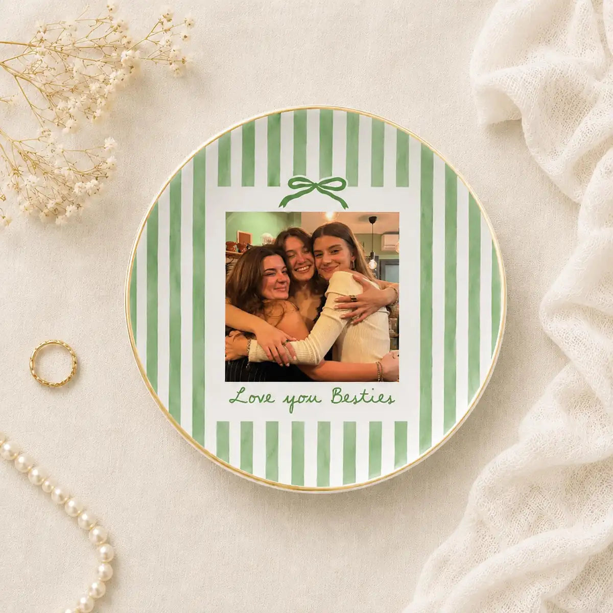 Custom photo bestie ring dish displayed elegantly on wooden bedroom nightstand