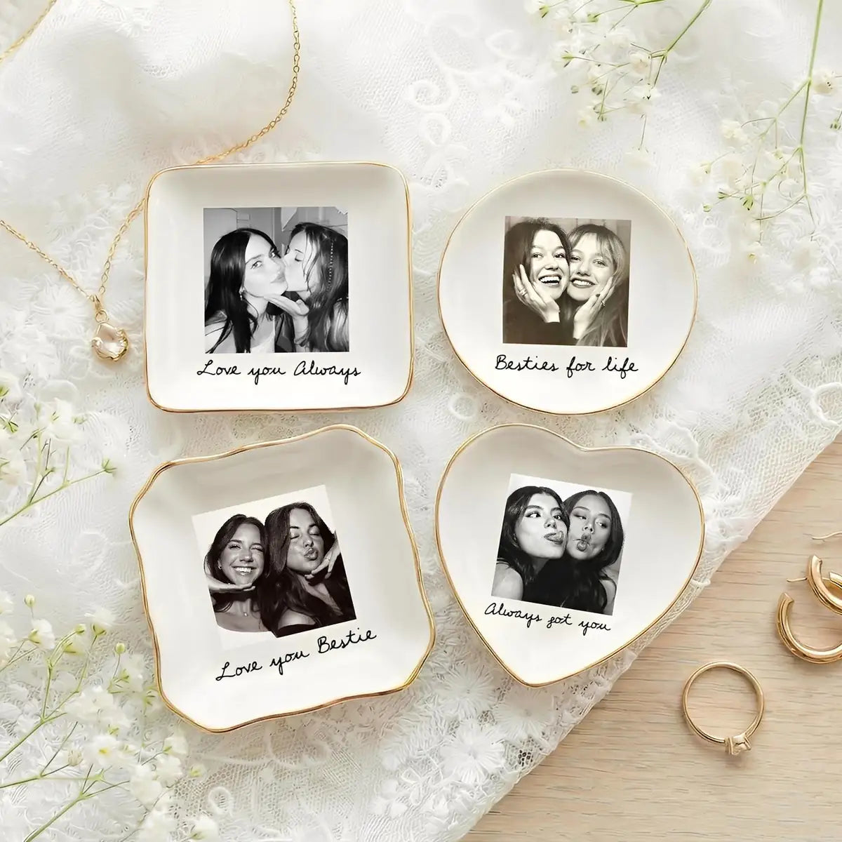 Close-up detail of glossy ceramic finish and gold rim on personalized bestie trinket tray