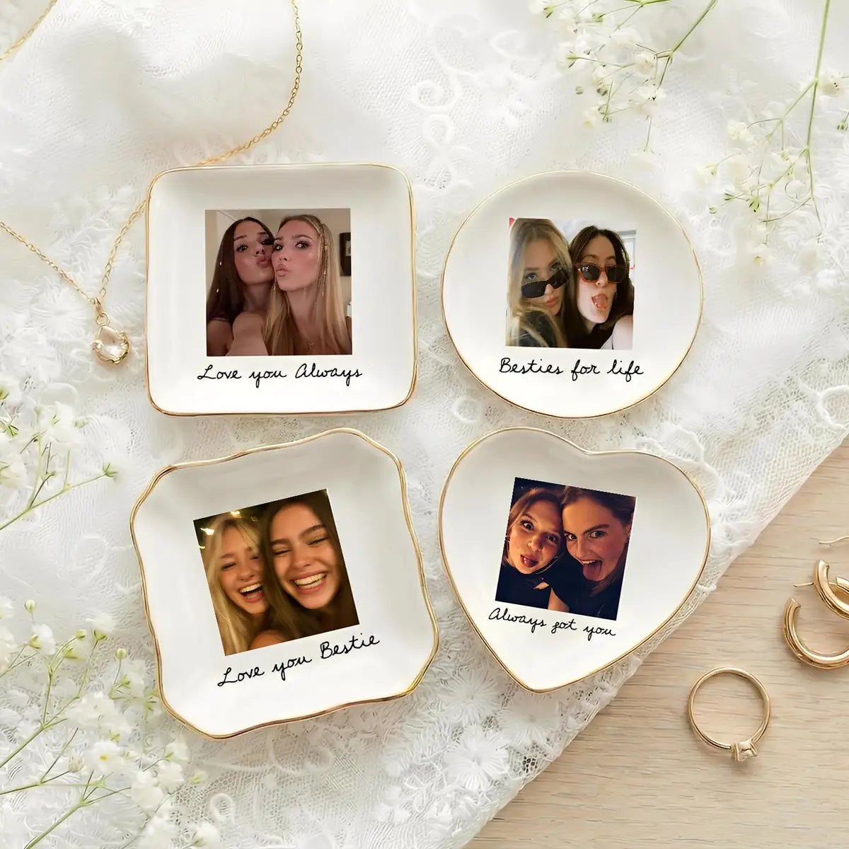 Personalized ceramic ring dish with custom photo and text for bestie, main front view