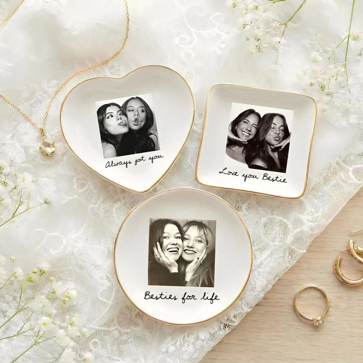 Personalized ceramic ring dish with custom photo and text for bestie, main front view