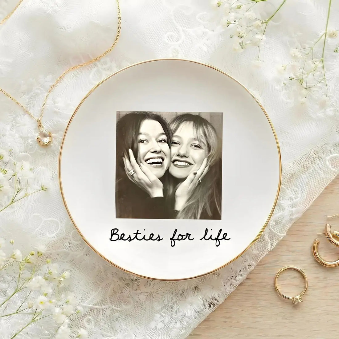Custom photo bestie ring dish displayed elegantly on wooden bedroom nightstand