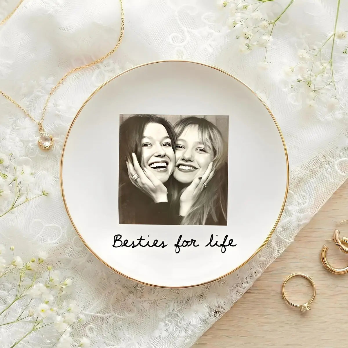 Custom photo bestie ring dish displayed elegantly on wooden bedroom nightstand