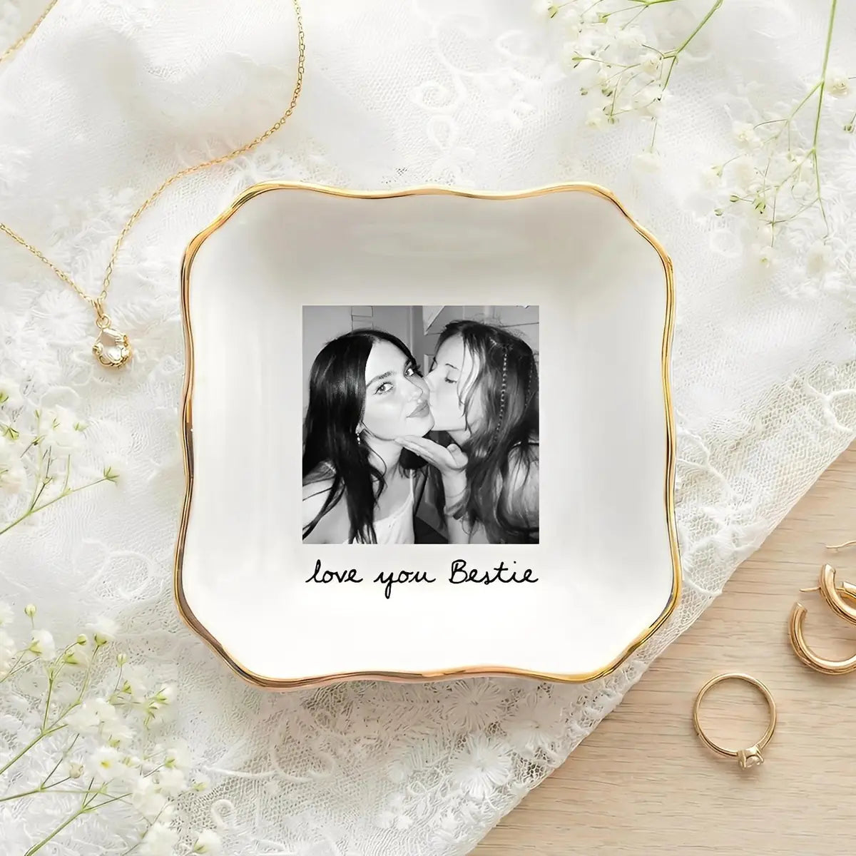 Custom photo bestie ring dish displayed elegantly on wooden bedroom nightstand
