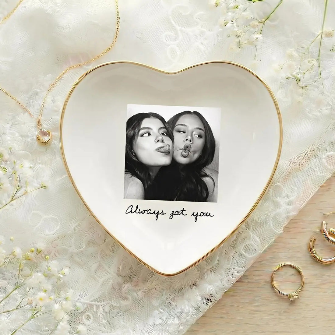 Custom photo bestie ring dish displayed elegantly on wooden bedroom nightstand