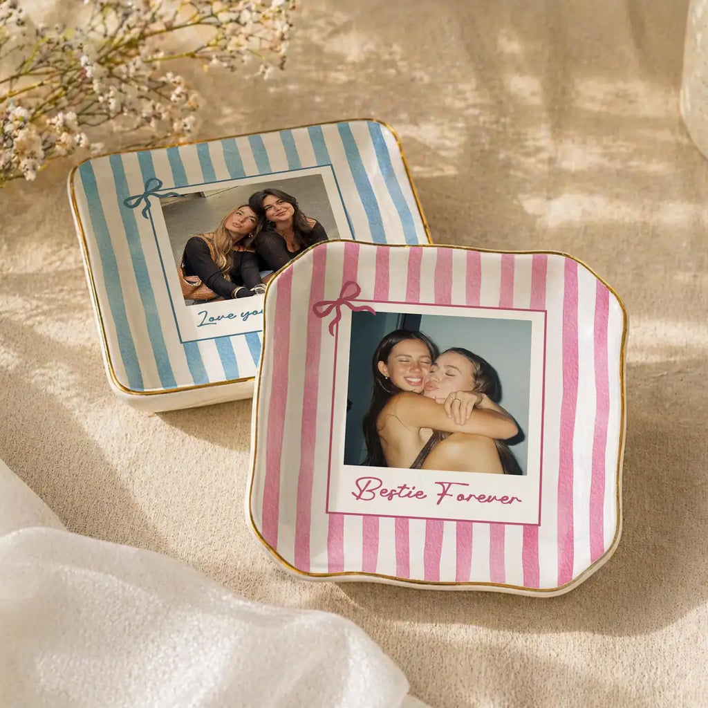 Personalized ceramic ring dish with custom photo and text for bestie, main front view