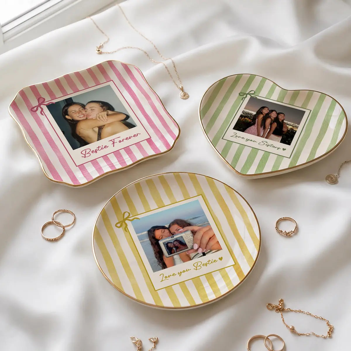 Custom photo bestie ring dish displayed elegantly on wooden bedroom nightstand
