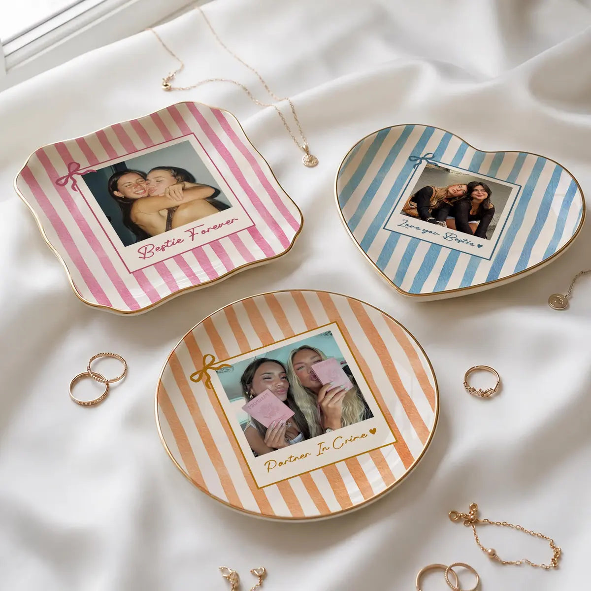 Custom photo bestie ring dish displayed elegantly on wooden bedroom nightstand