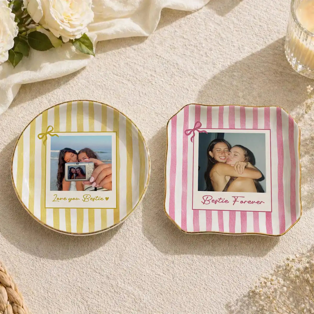 Custom photo bestie ring dish displayed elegantly on wooden bedroom nightstand