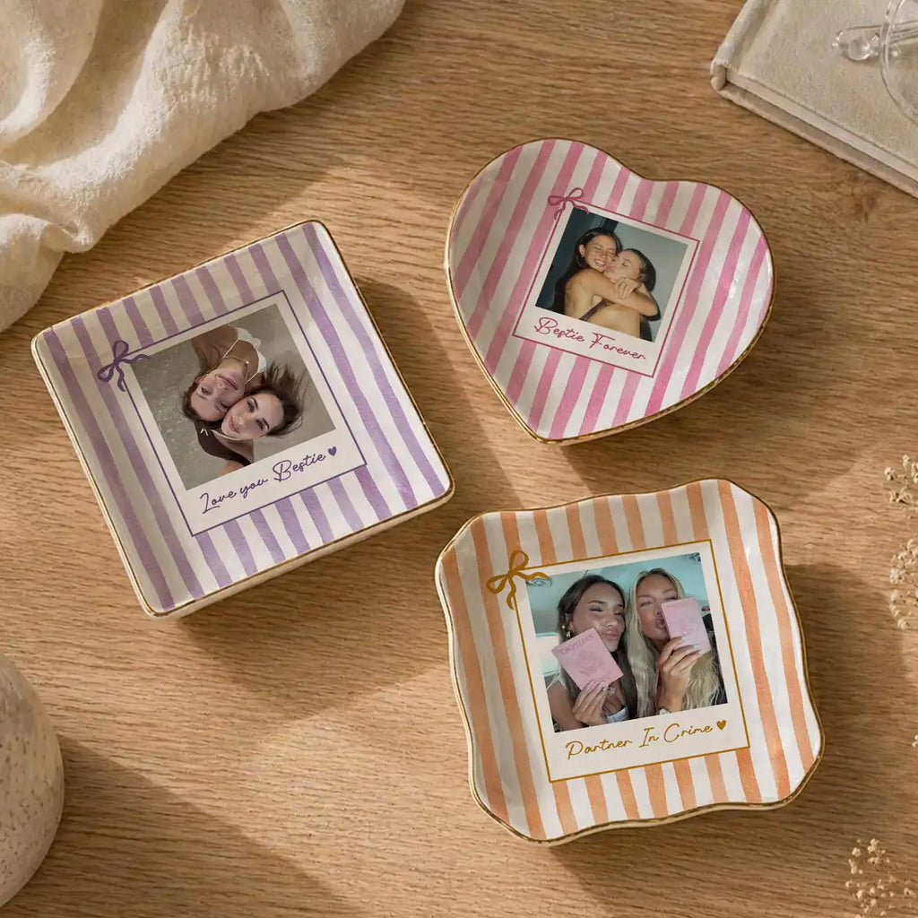 Custom photo bestie ring dish displayed elegantly on wooden bedroom nightstand